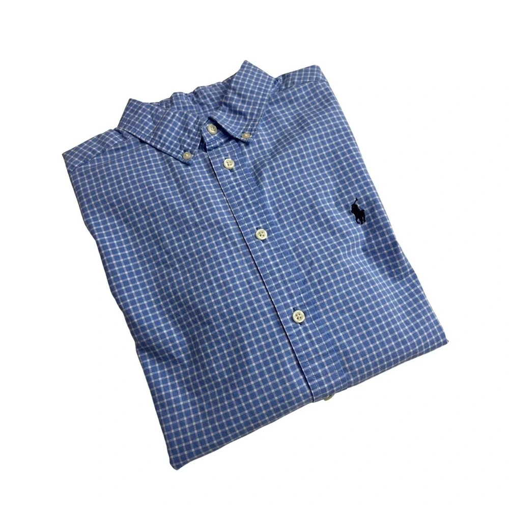 Ralph Lauren Button Down Boy L Blue Check Natural Stretch Preppy Long Sleeve D04